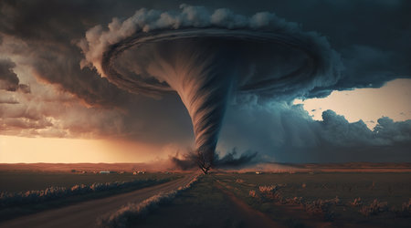 Panoramic view of a huge destructive tornado. Ai generative.の素材