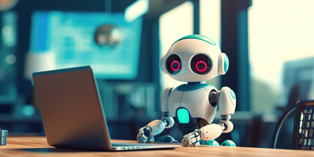 Robot hand typing on the computer. The concept of artificial intelligence replacing a human in dealing with another human. Ai generativeの素材