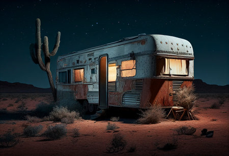 Old caravan in the desert wilderness. Both, overnight accommodation, simple apartment. Freedom and independence concept. Ai generativeの素材