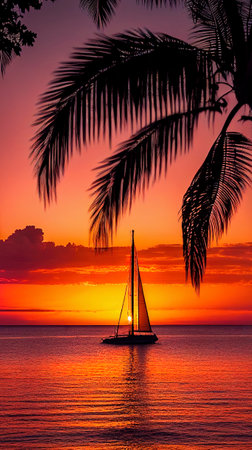 Sailboat on the background of the setting sun. Visible silhouette of palm trees. Ai generative.の素材