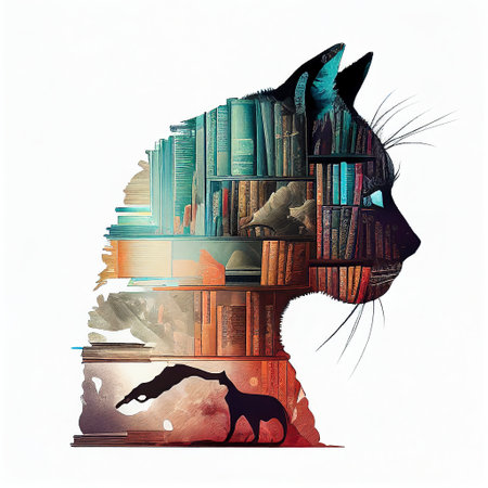 A cat's head and a set of books in a double exposure. The concept of development, learning and knowledge. Ai generativeの素材