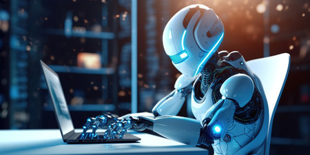 Robot hand typing on the computer. The concept of artificial intelligence replacing a human in dealing with another human. Ai generativeの素材