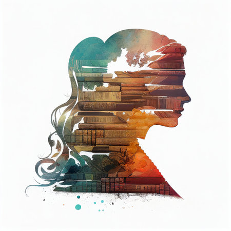 A woman's head and a set of books in a double exposure. The concept of development, learning and knowledge. Ai generativeの素材