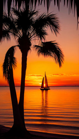 Sailboat on the background of the setting sun. Visible silhouette of palm trees. Ai generative.の素材