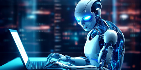 Robot hand typing on the computer. The concept of artificial intelligence replacing a human in dealing with another human. Ai generativeの素材