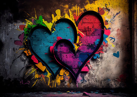 Colorful hearts painted with graffiti on an old wall. Ai generativeの素材