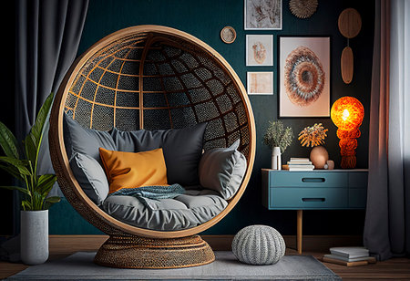 Room interior with comfortable cocoon armchair. Ai generativeの素材