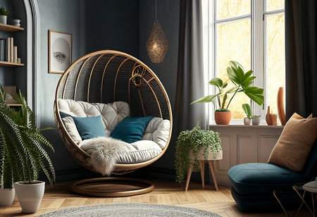 Room interior with comfortable cocoon armchair. Ai generativeの素材