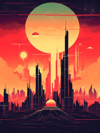 An abstract poster showing a modern city. Ai generative.の素材