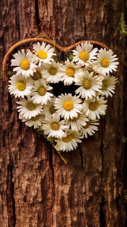 Daisies arranged on a tree in the shape of a heart. Showing love. Ai generativeの素材