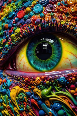 Large close-up of the colorful fantasy pupil of the eye. Ai generativeの素材