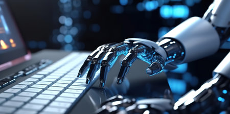 Robot hand typing on the computer. The concept of artificial intelligence replacing a human in dealing with another human. Ai generativeの素材