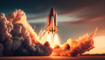 Rocket takes off into the sky. Lots of fire, smoke and gas. Ai generativeの素材