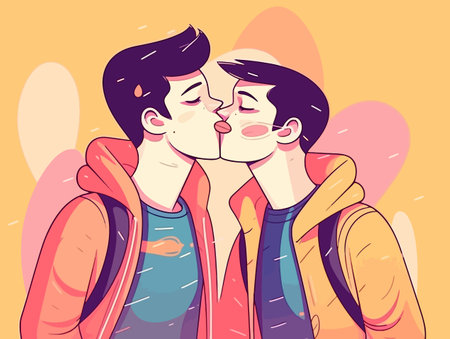 Two gay men kissing. LGBTQ manifesto. Respect, tolerance, equality.の写真素材