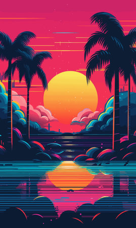 Synthwave sunset, landscape with palm trees, retro wave illustrationの写真素材