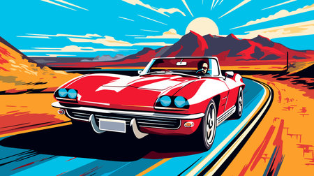 Retro race car on road and colorful background. Comic books stylesの写真素材