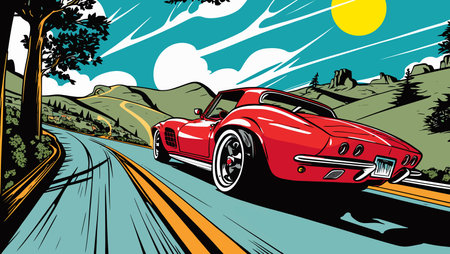 Retro race car on road and colorful background. Comic books stylesの写真素材