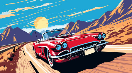 Retro race car on road and colorful background. Comic books stylesの写真素材