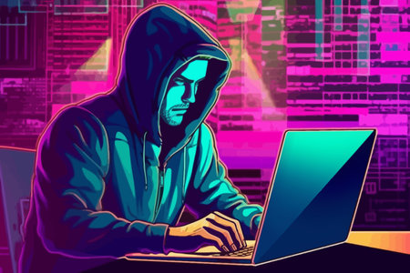 Hacker in hoodie breaking into data server dark theme.の写真素材