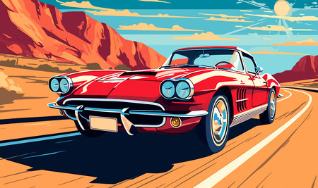 Retro race car on road and colorful background. Comic books stylesの写真素材