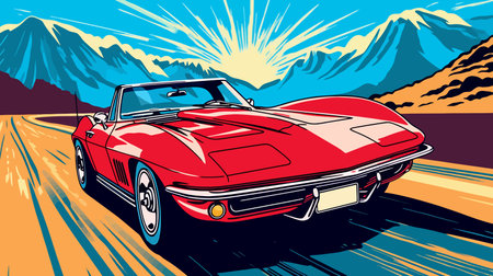 Retro race car on road and colorful background. Comic books stylesの写真素材