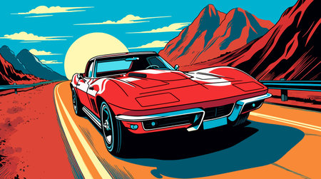 Retro race car on road and colorful background. Comic books stylesの写真素材