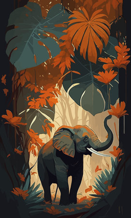 Elephant in the jungle. graphic poster. Dark green, brown and orange colors.の写真素材