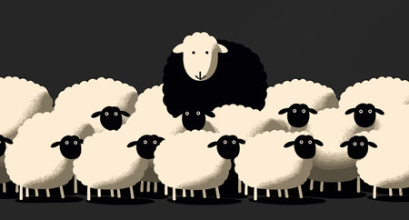The black sheep hiding among the whites. The proverbial sheep. The concept of cunning, hiding, impersonating someoneの写真素材