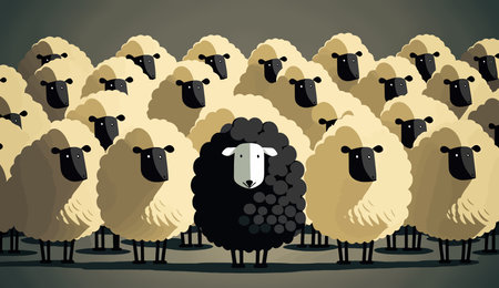 The black sheep hiding among the whites. The proverbial sheep. The concept of cunning, hiding, impersonating someoneの写真素材