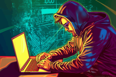 Hacker in hoodie breaking into data server dark theme.の写真素材