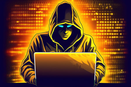 Hacker in hoodie breaking into data server dark theme. Ai generative.の素材