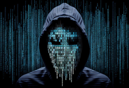 Masked hacker in the hood. Abstract digital artwork. Ai generativeの素材
