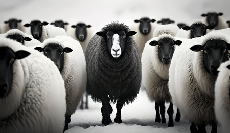 A flock of sheep. Black sheep between white sheep. AAi generativeの素材