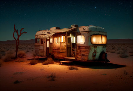 Abandoned caravan in the desert at night. retro styles.の素材