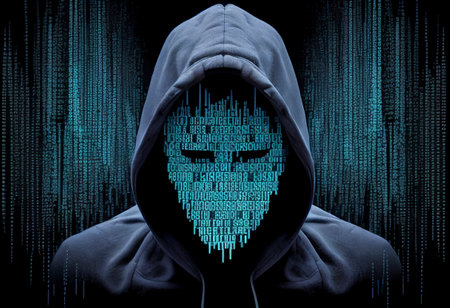 Masked hacker in the hood. Abstract digital artwork. Ai generativeの素材