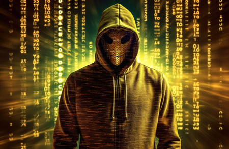 Masked hacker in the hood. Abstract digital artwork. Ai generativeの素材