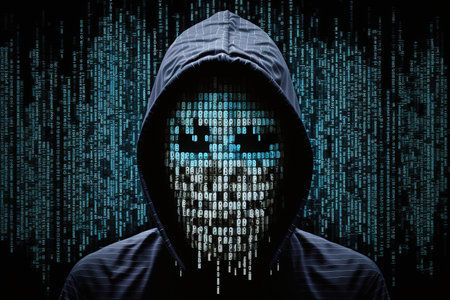 Masked hacker in the hood. Abstract digital artwork. Ai generativeの素材