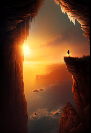 Silhouette of a man standing on a rock ledge against the background of the setting sun. Ai generativeの素材