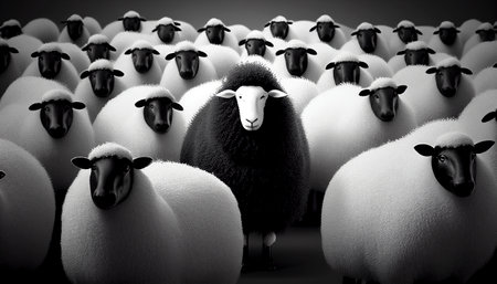 A flock of sheep. Black sheep between white sheep. AAi generativeの素材