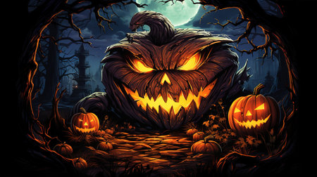 Halloween background with pumpkins in the dark forest. Vector illustration.の素材