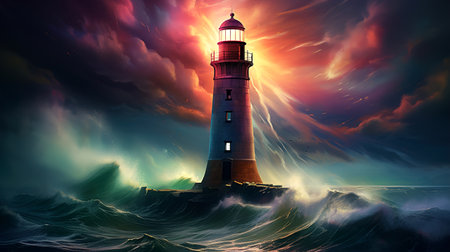 A beautiful abstract scene with a lighthouse. Ai generativeの素材