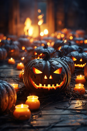 Street and sidewalk filled with jack o lanterns. Ai generativeの素材