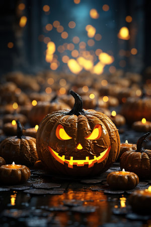 Street and sidewalk filled with jack o lanterns. Ai generativeの素材