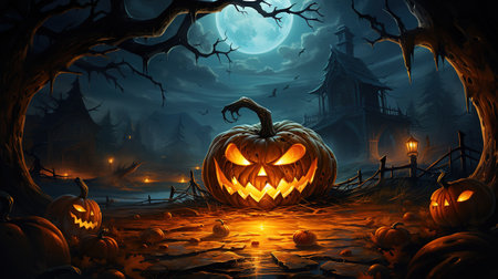 Scary jack o lantern in night scenery. Ai generativeの素材