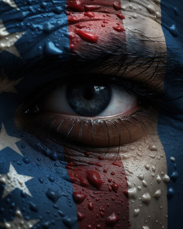 The face is painted in the colors of the US flag. Close up of the eye. Ai generativeの素材