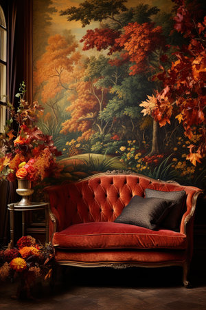 A cozy interior with a place to rest. Autumn arrangement. Ai generativeの素材