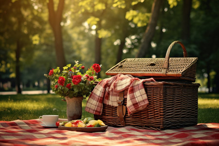 A picnic basket spread out on a blanket in the park. Ai generativeの素材