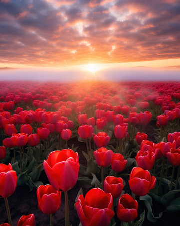 Tulip field during sunset. Ai generativeの素材
