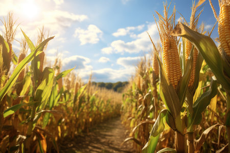 Corn cobs in corn plantation field. Ai generativeの素材