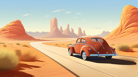 Retro poster showing a trip in an old classic car. Travel and freedom concept. Ai generativeの素材